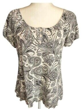 Vintage Susan Lawrence Black White Paisley Scoop Neck Lettuce Hem Top Small